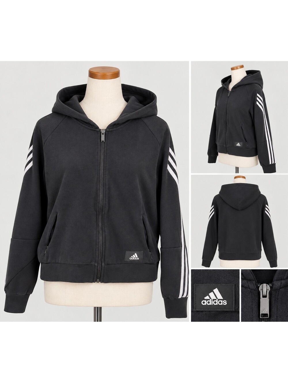 Adidas Black Full Zip Hoodie with White Stripes on Sleeves